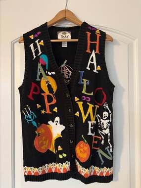 Vintage 90s Tiara International Halloween Patchwork Knit Sweater Vest Small
